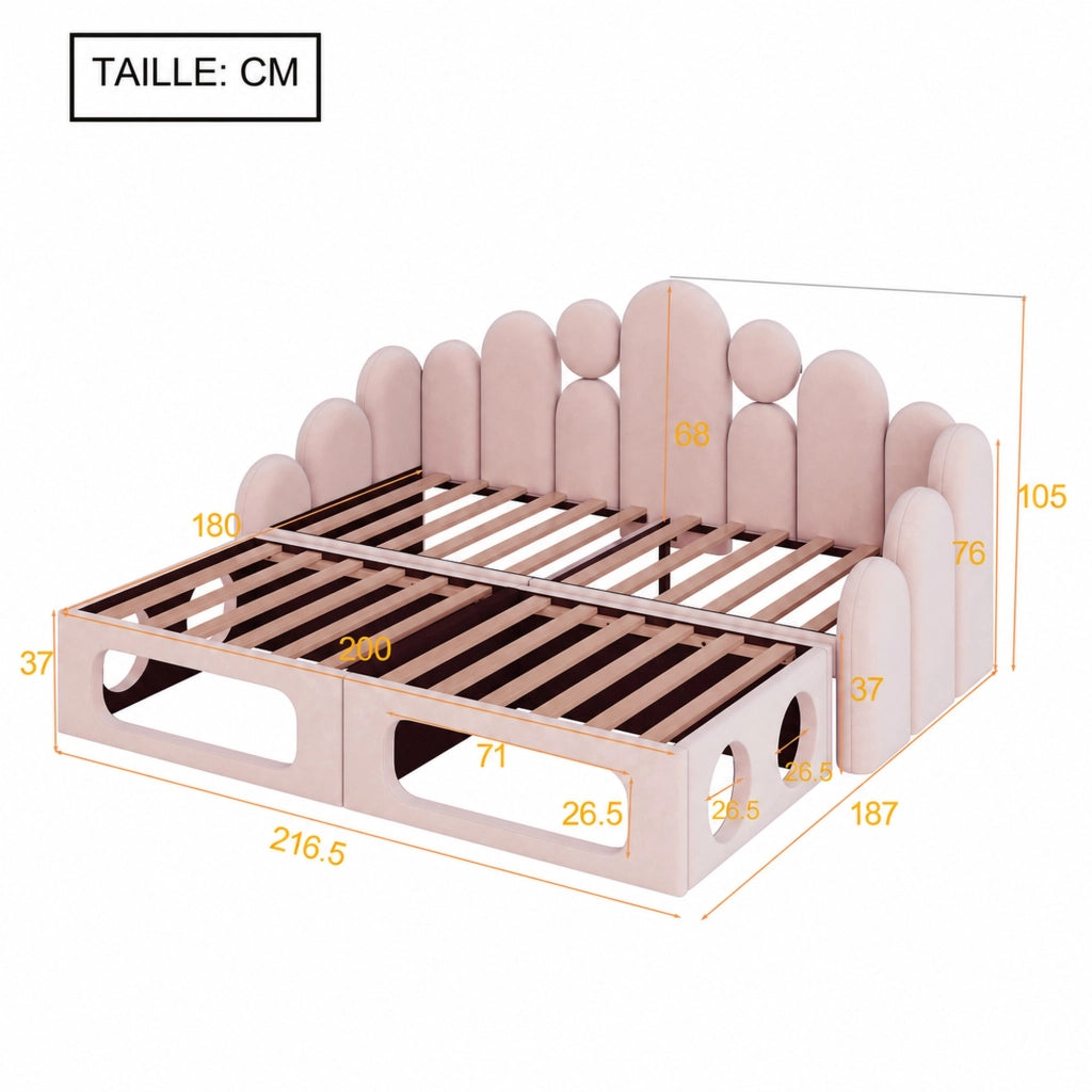 Letto multifunzionale 180 × 200 cm in velluto rosa con cuccia per animali e struttura divisibile