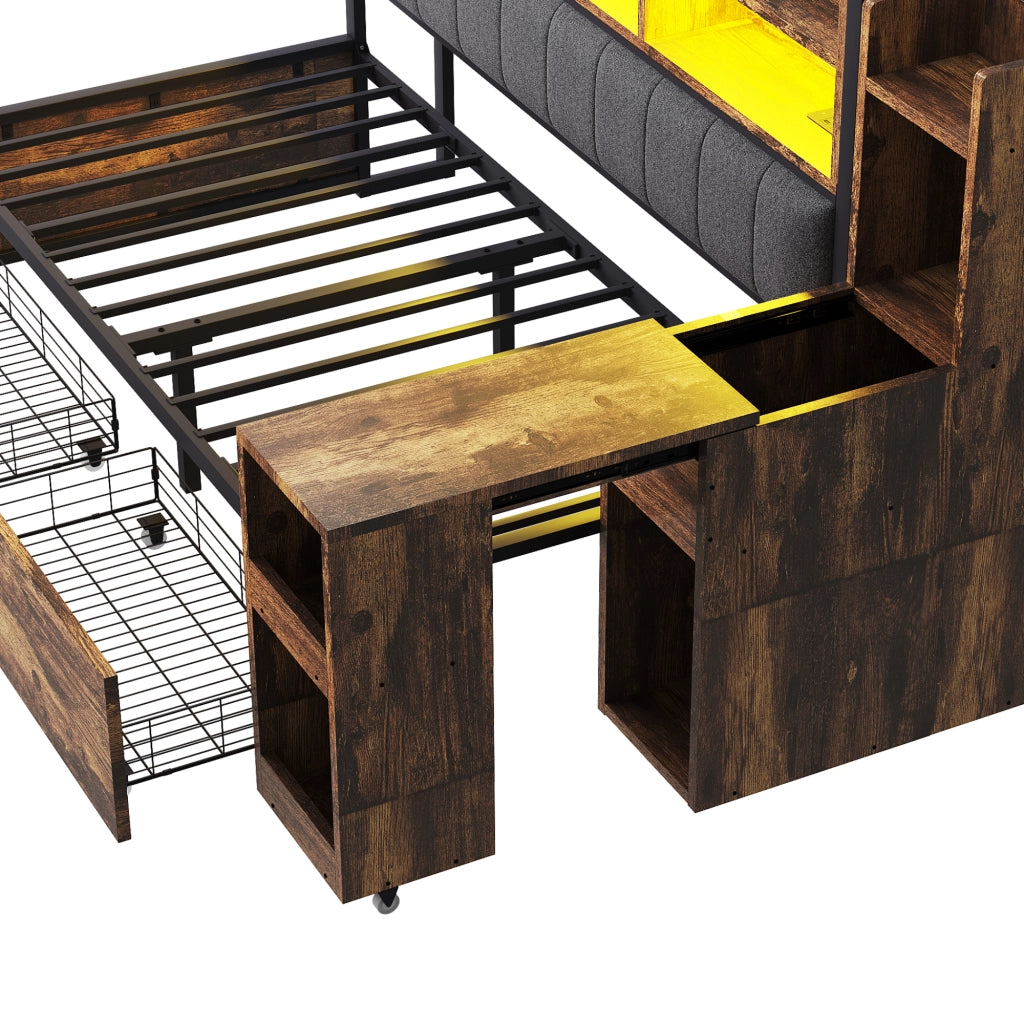 OKWISH Letto a Divano 90×200 cm, Letto Singolo con 2 Cassetti, Prese e LED, Scrivania Estraibile, senza Materasso, Legno Naturale