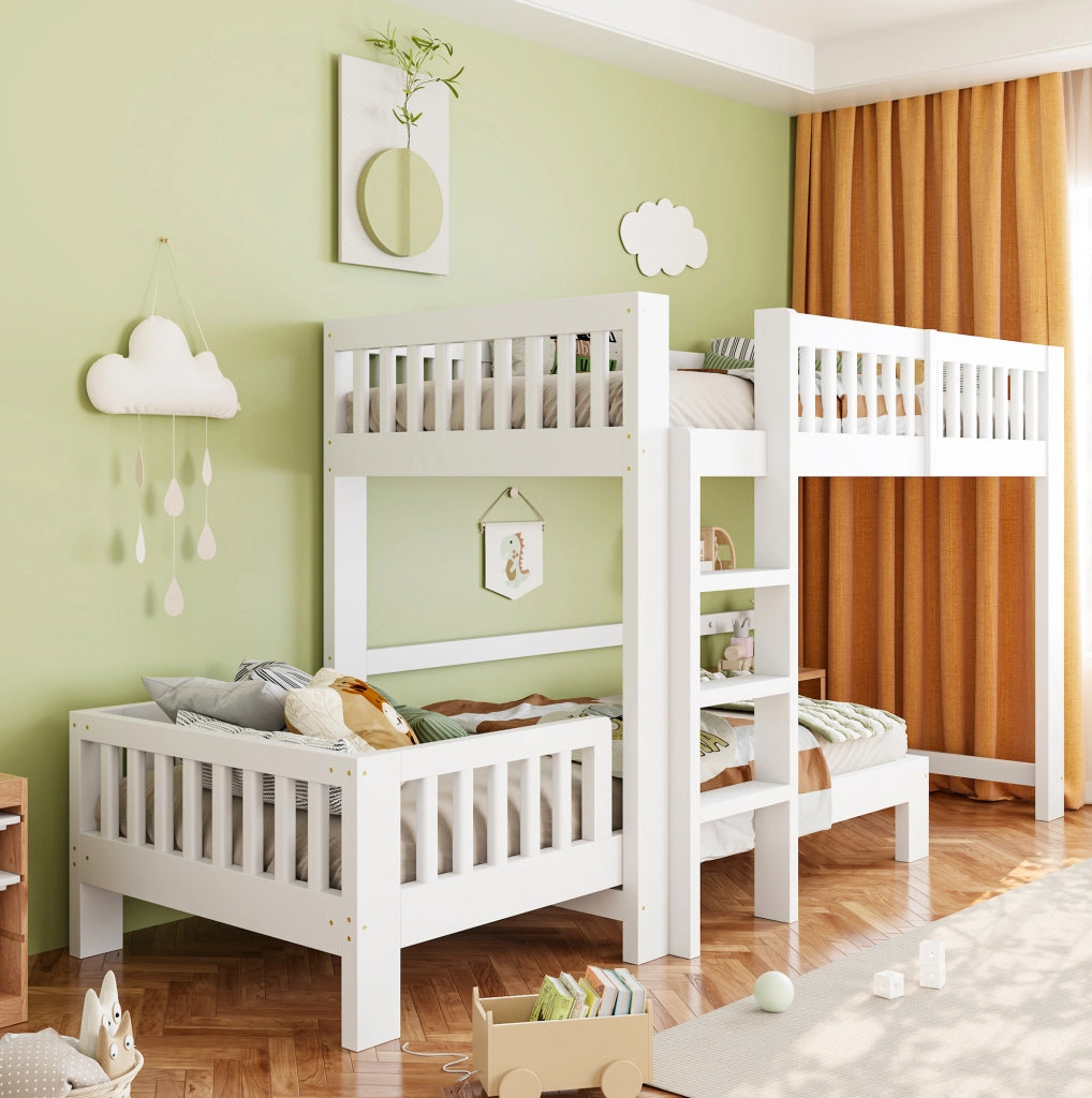 Letto modulare per bambini in legno massiccio 90x200 cm, combinazione di letto a castello e letto singolo, bianco
