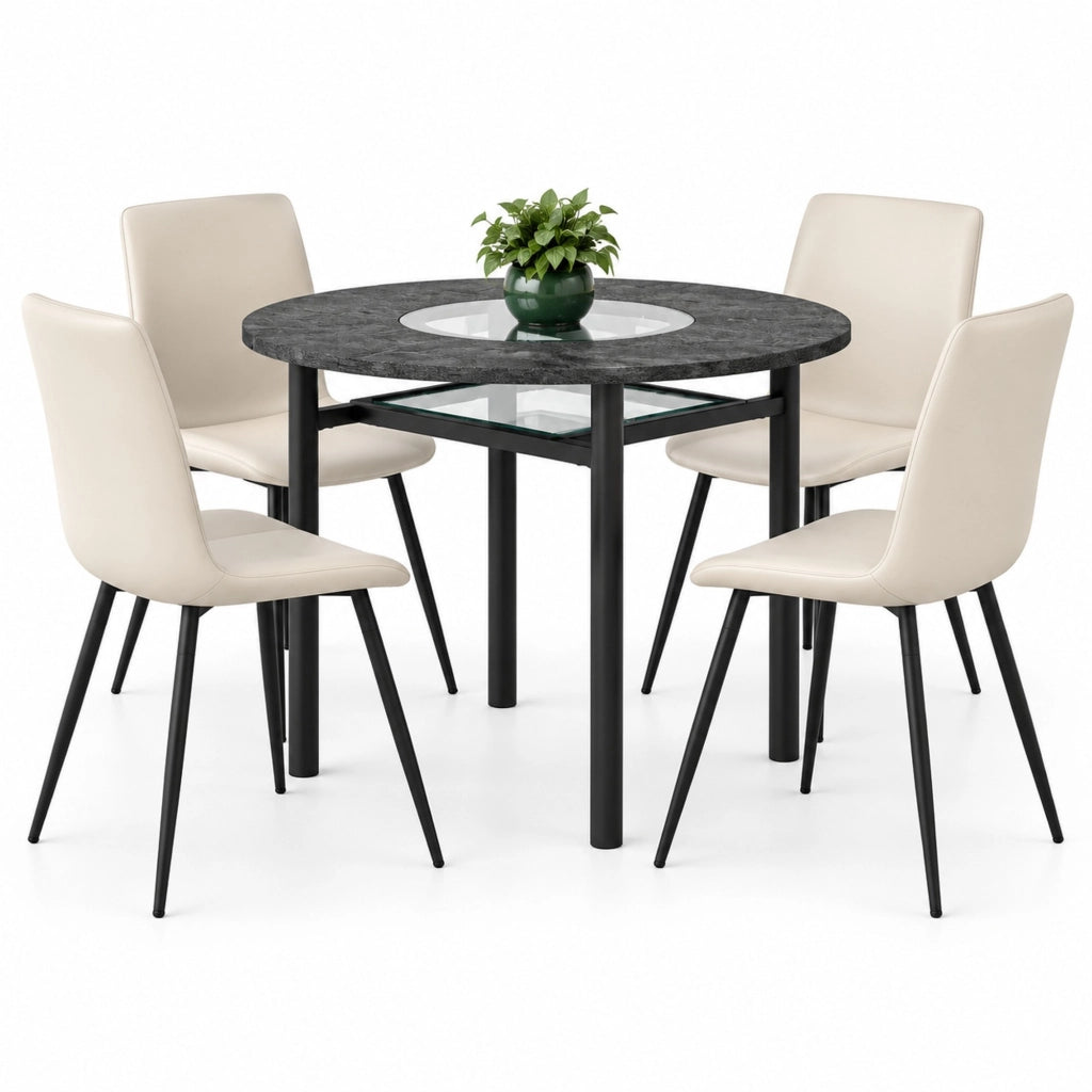 Set tavolo da pranzo rotondo Ø100 cm con 4 sedie in PU grigio caldo HOMVRA