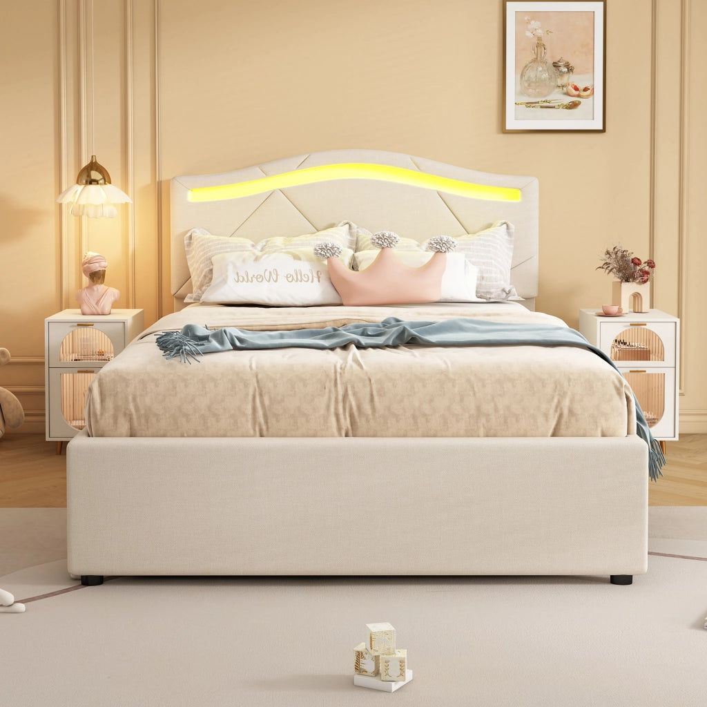 LETTO imbottito 90x200 cm con LED e 2 cassetti, lino beige