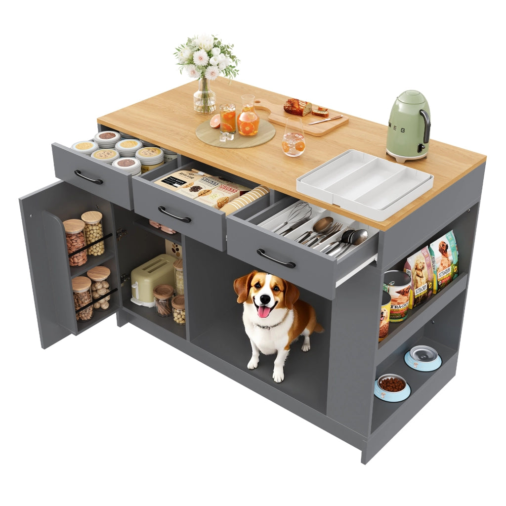 Mobile da cucina con 3 cassetti ripiano regolabile spazio per animali naturale e grigio 120 × 60 × 90 cm