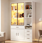 Mobile alto bianco con vetrina in vetro e illuminazione LED 120x35x200 cm con 13 spazi contenitivi e 4 cassetti