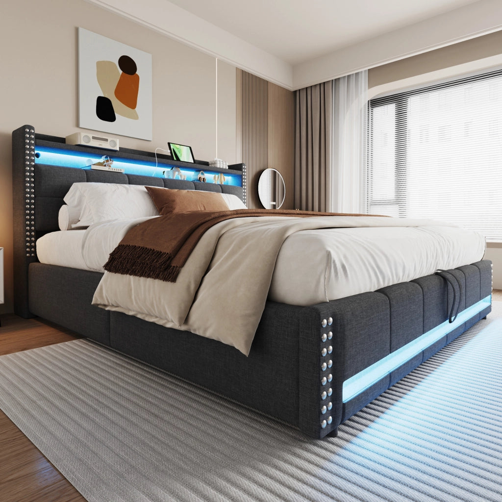 Letto imbottito 180 x 200 cm grigio con LED, USB e vano contenitore