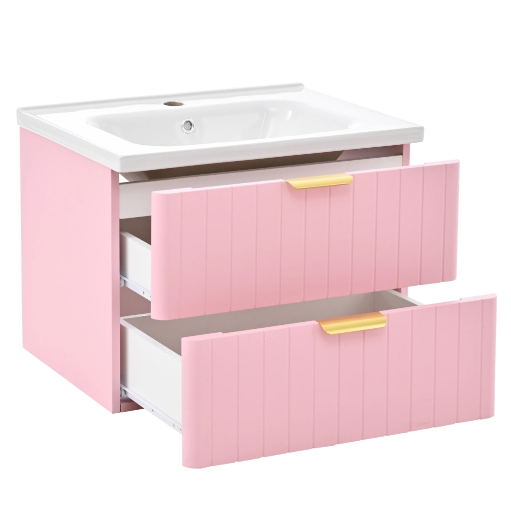 Mobile lavabo da bagno a pavimento con lavabo in ceramica, MDF rosa e bianco