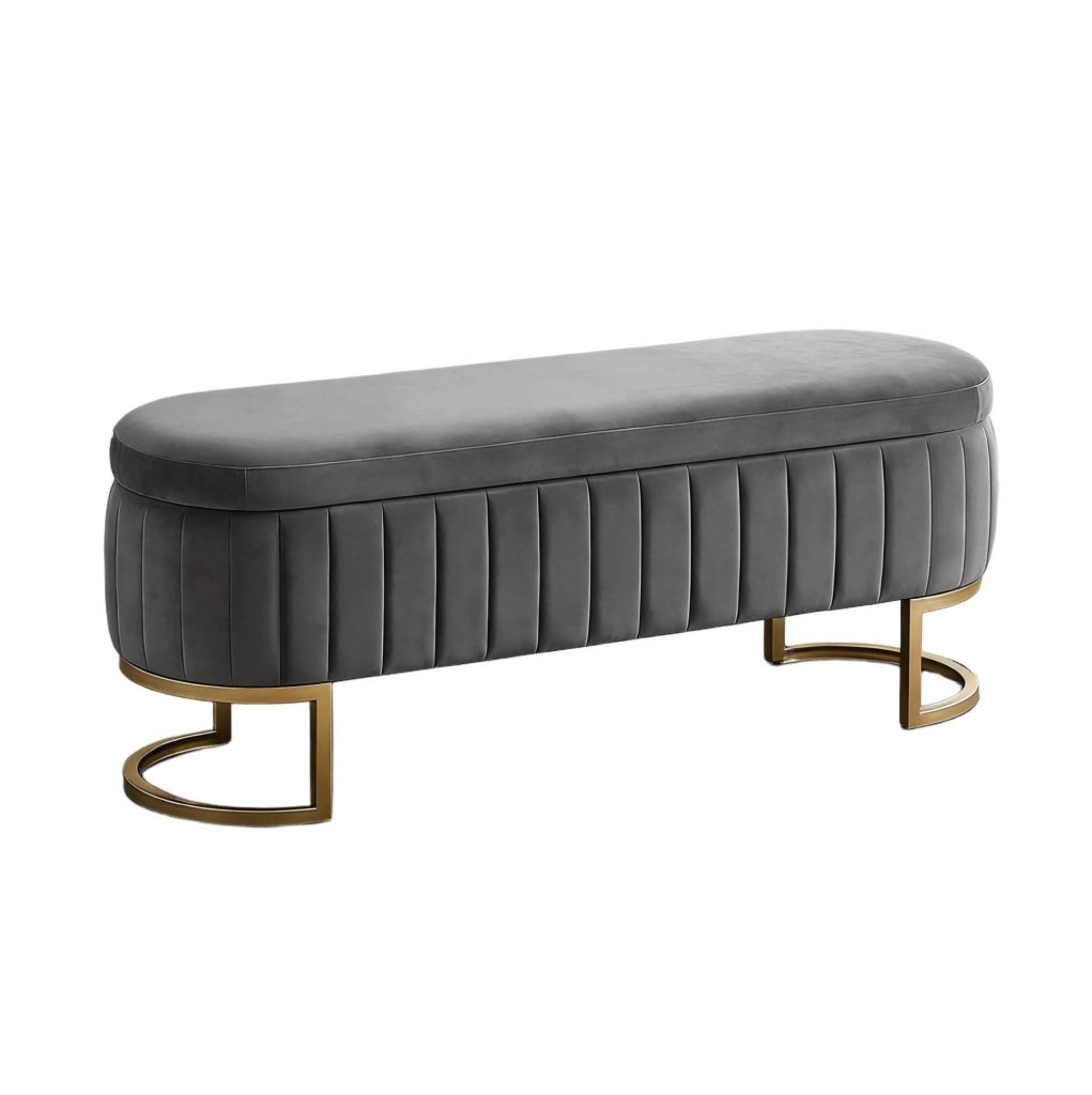 Panca contenitore ULEVR 131x44x31 cm in velluto grigio chiaro con piedi in metallo dorato