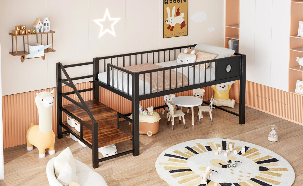 Letto a soppalco basso per bambini 90x200 cm con struttura metallica nera e scala contenitore