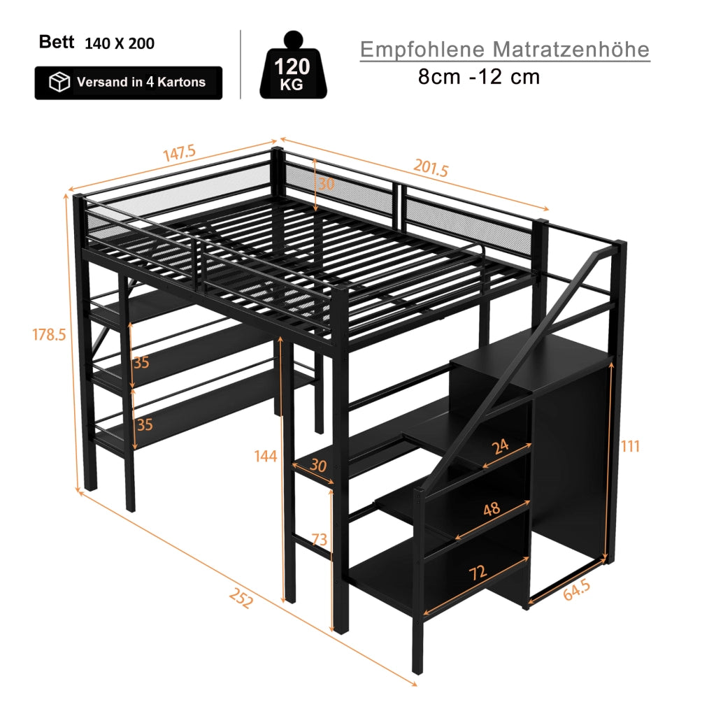 Letto a soppalco 140 × 200 cm con scrivania armadio scaffale a tre livelli scale reversibili in metallo nero