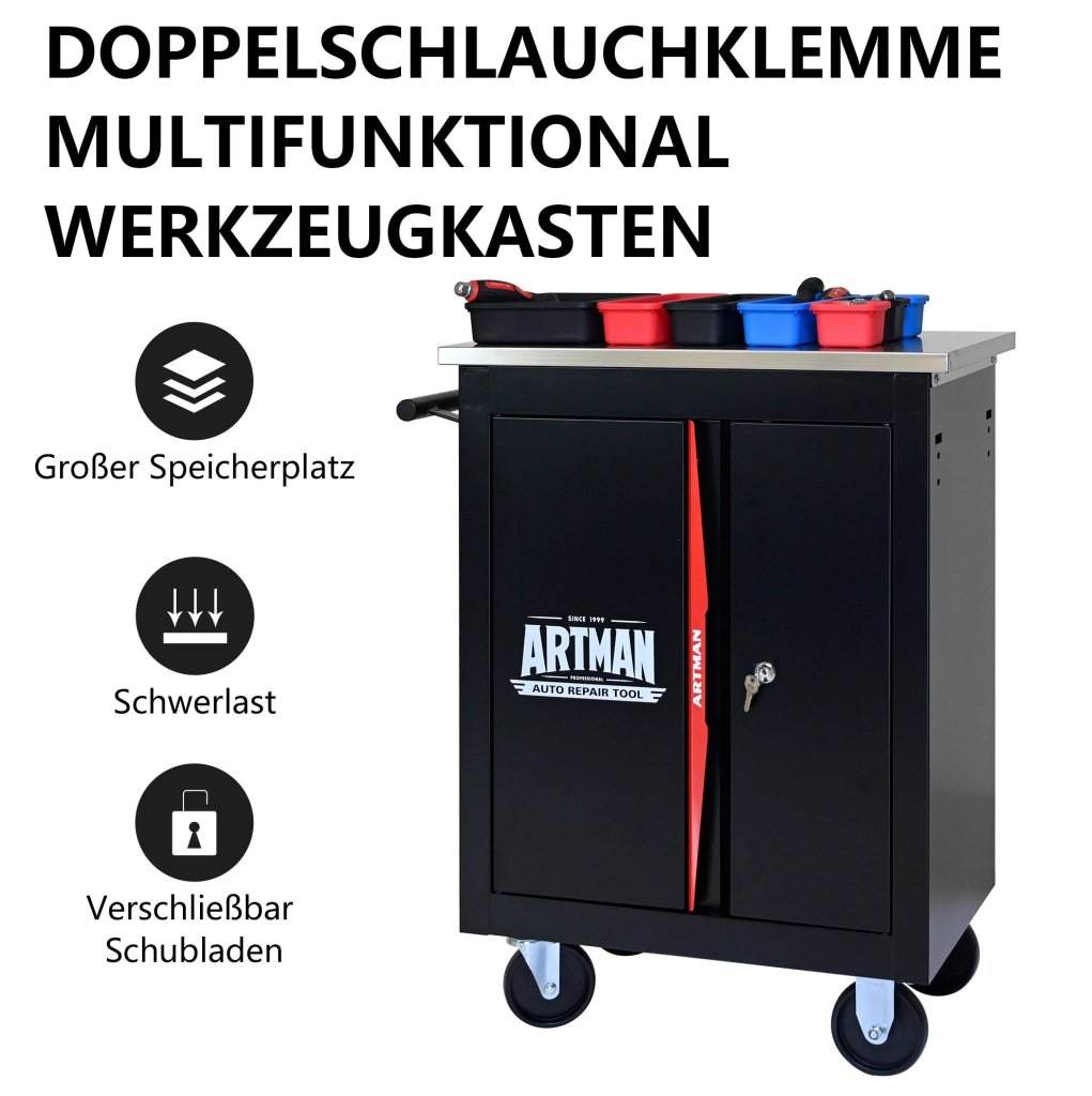 Carrello porta attrezzi multifunzione a due ante in acciaio nero e rosso con ruote e serratura