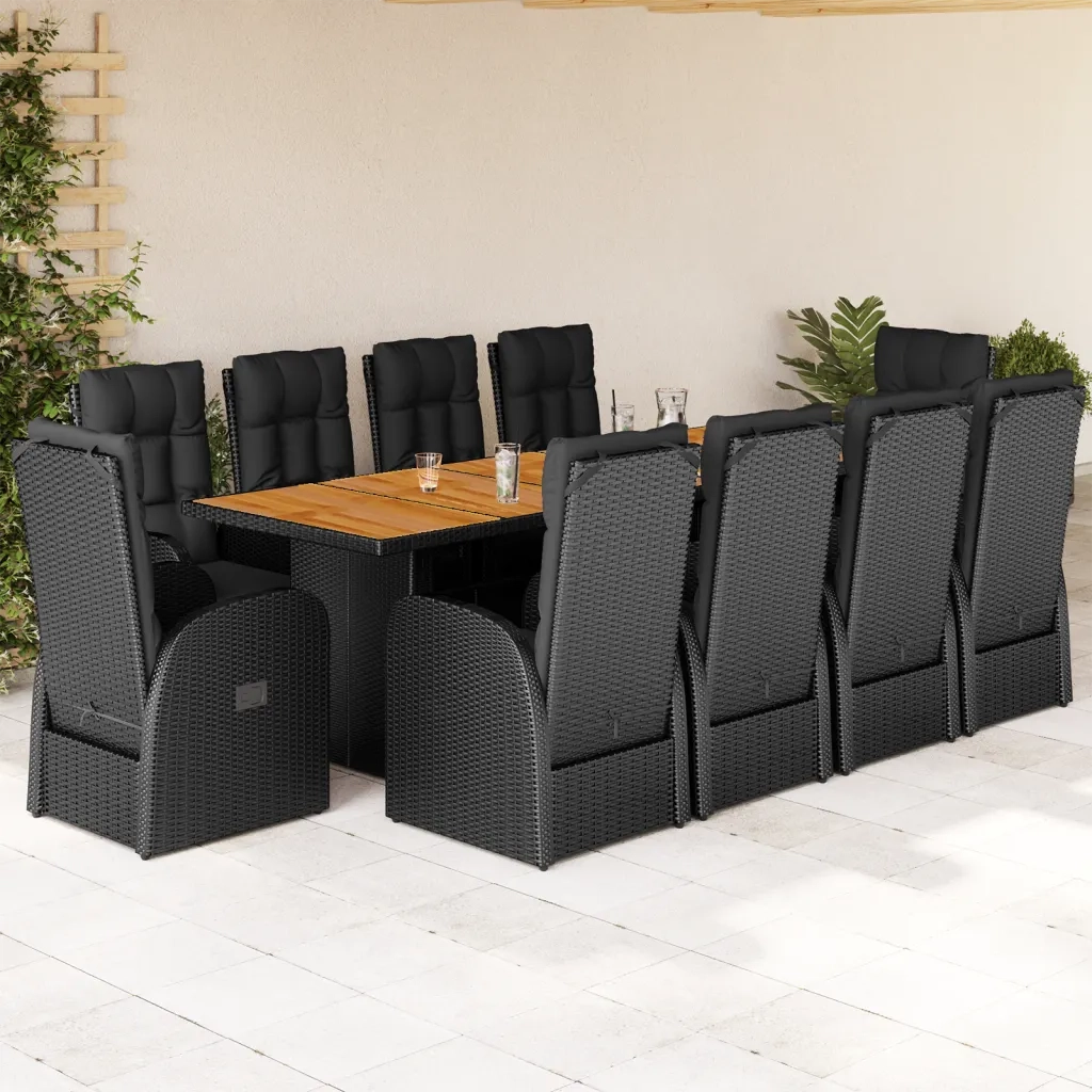 Set da Pranzo da Giardino 11 pz con Cuscini in Polyrattan Nero 3277636
