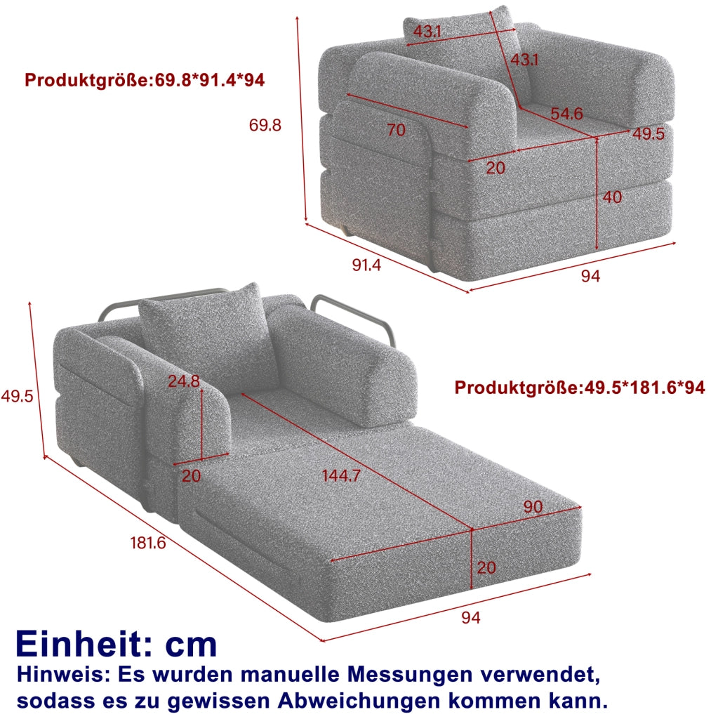 DIVANO LETTO 2 in 1 Singolo in Ciniglia Grigio con Vano nel Bracciolo