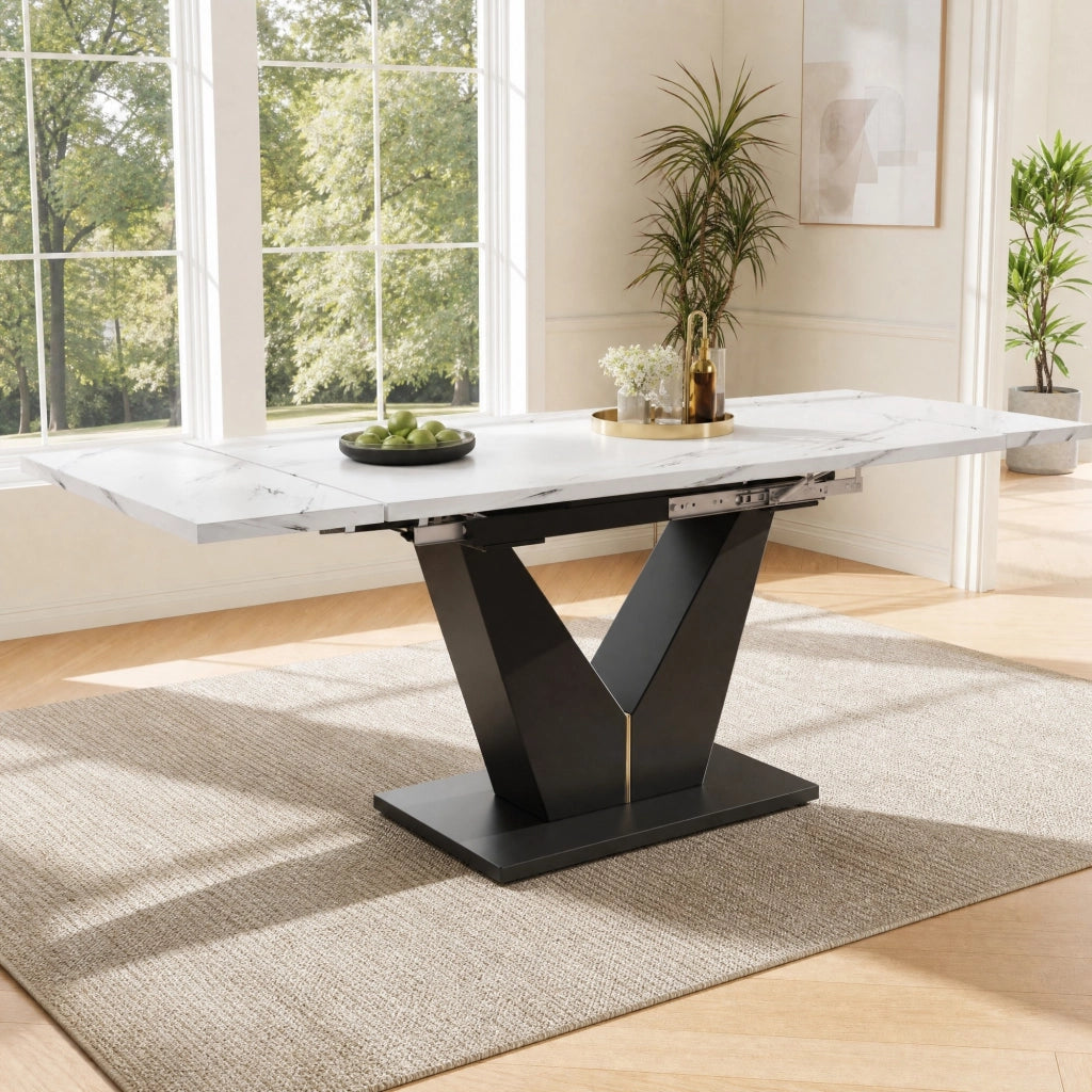 Tavolo allungabile da pranzo con piano in MDF effetto marmo guide in metallo bianco e nero 99–159 × 75 × 75 cm