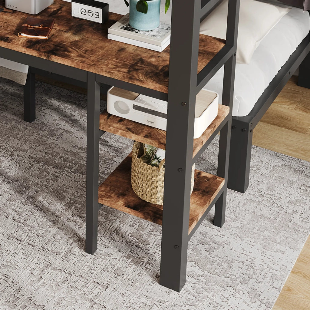 Letto a castello in metallo nero 140x200/90x200 cm con scrivania, appendiabiti, scala bilaterale e stazione di ricarica integrata