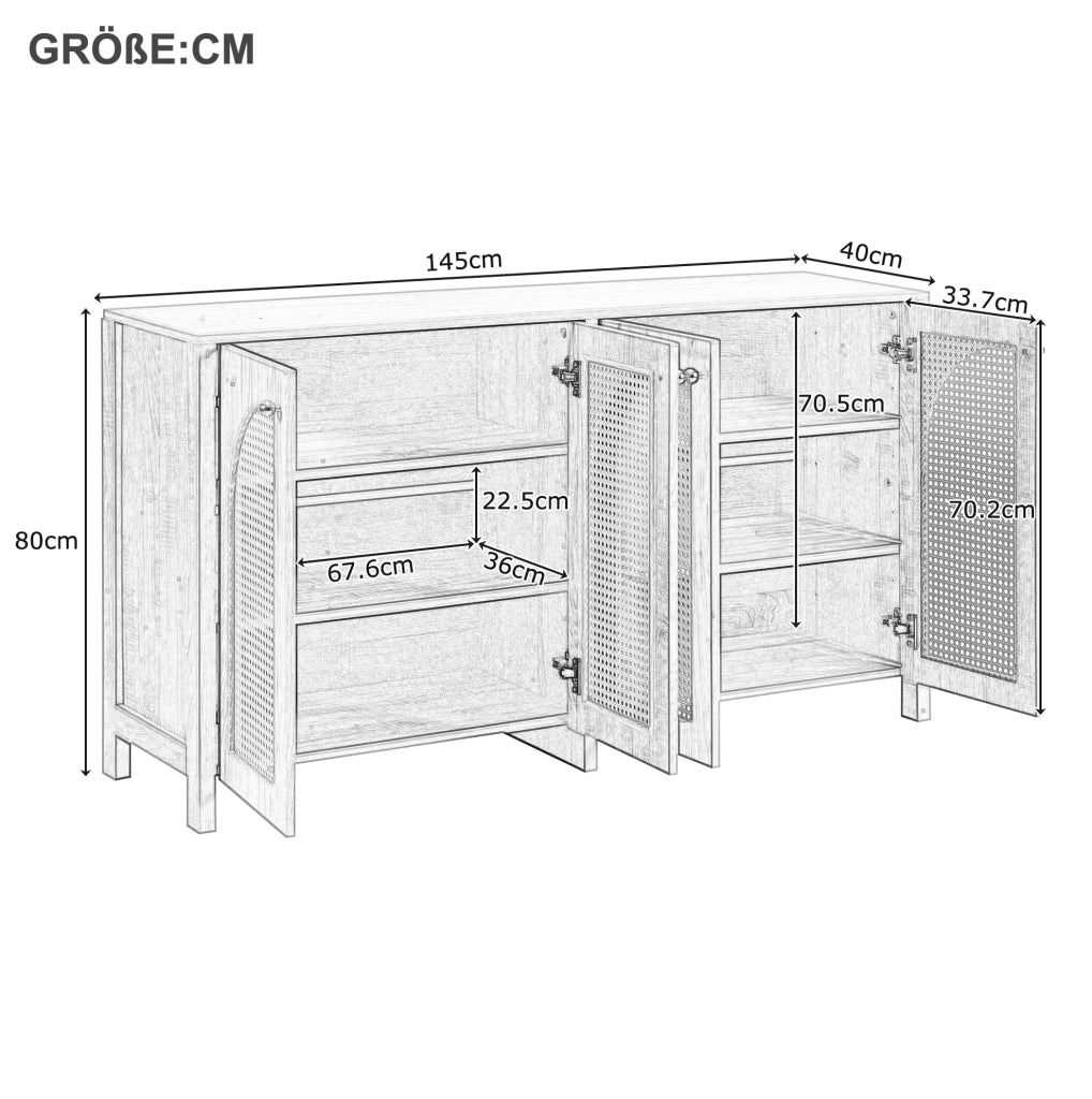 Sideboard moderno con 4 porte in rattan sintetico bianco, maniglie in metallo, per soggiorno, sala da pranzo o cucina