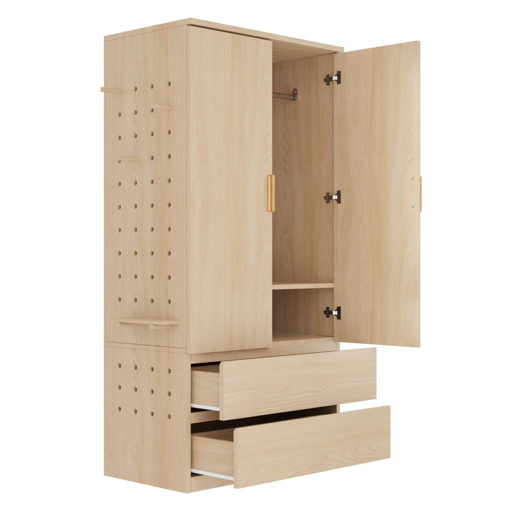 Armadio multifunzionale 70x50x170 cm con pannello forato laterale, cassetti nascosti e spazio appendiabiti, colore legno
