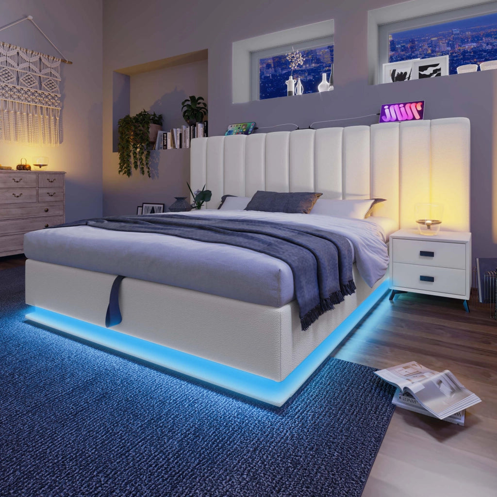 Letto matrimoniale contenitore 160 × 200 cm con LED e ricarica USB tipo C in PU bianco con rete a doghe