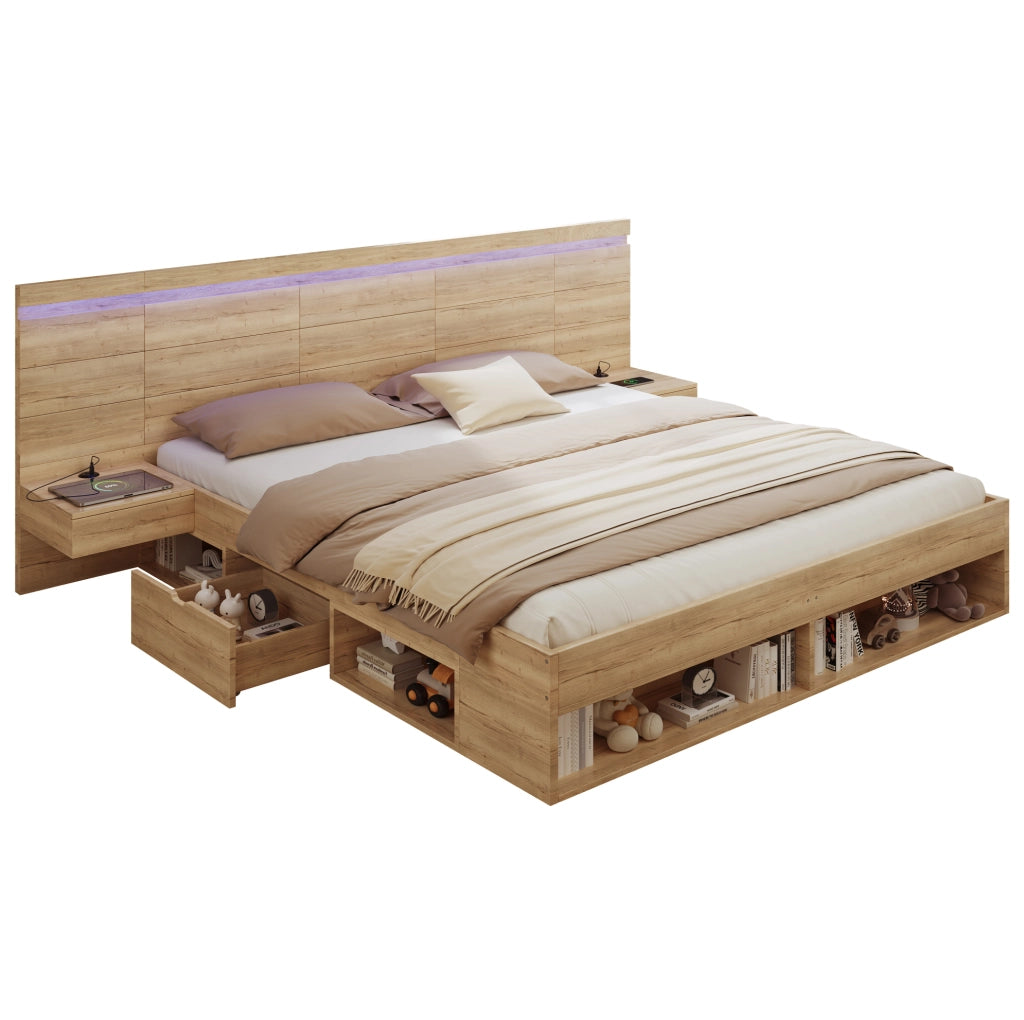 Letto contenitore con comodini integrati, illuminazione LED e ricarica USB
