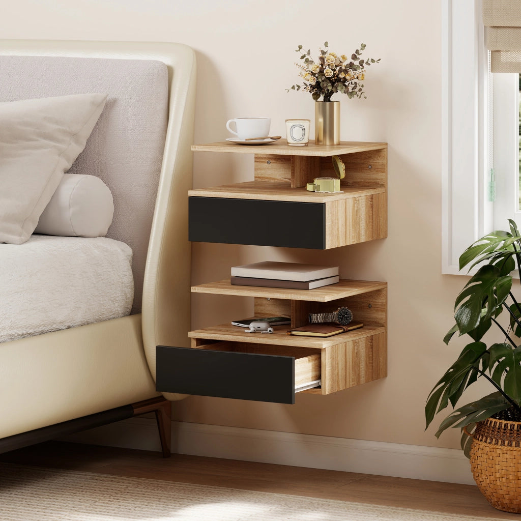 Comodino sospeso con cassetto da parete ¨C Xylo ¨C Rovere e nero 35x32x22,5 cm