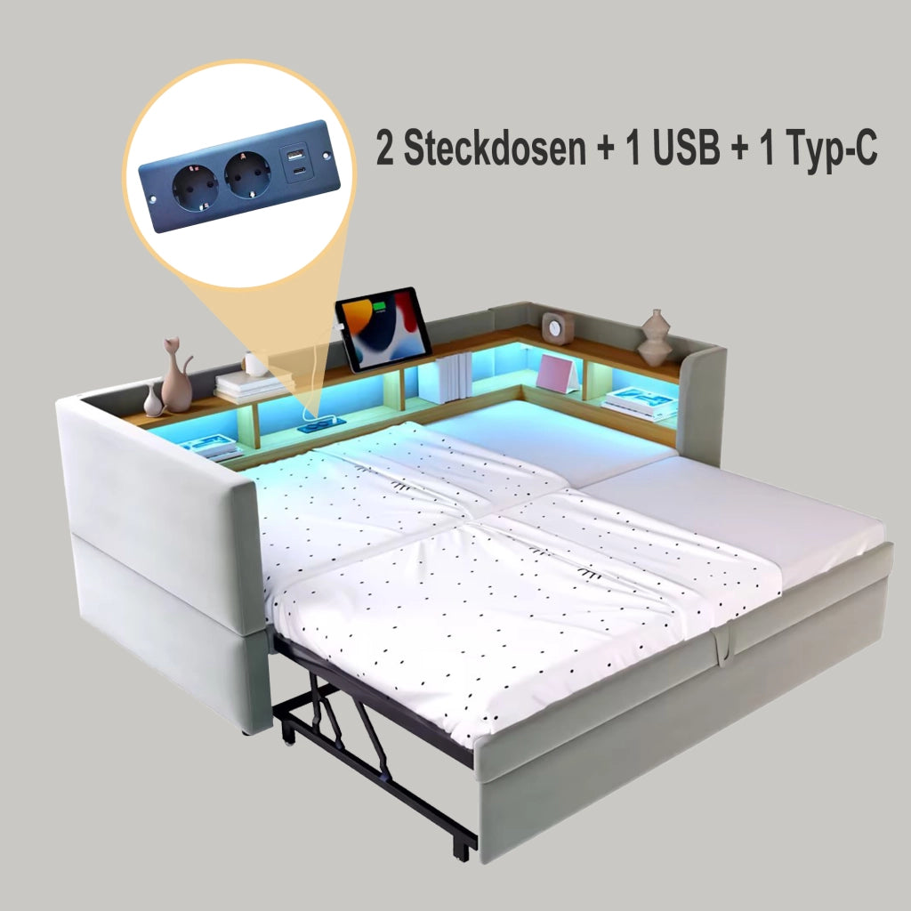 Divano letto 90/180 × 190 cm estraibile con LED prese e vani portaoggetti in flanella grigio chiaro