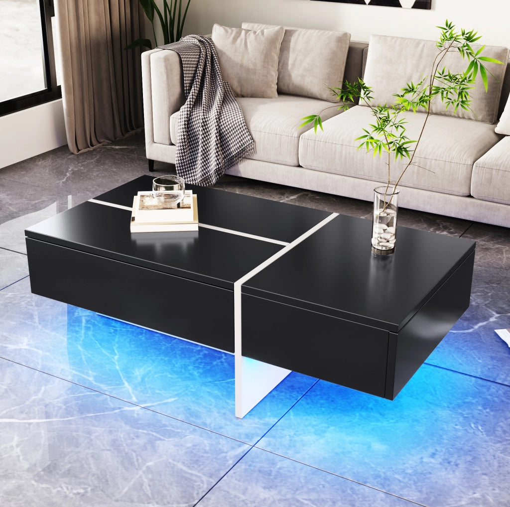 Tavolino da caffè nero e bianco a effetto lucido con illuminazione LED controllata via app, 100x50x34,5 cm