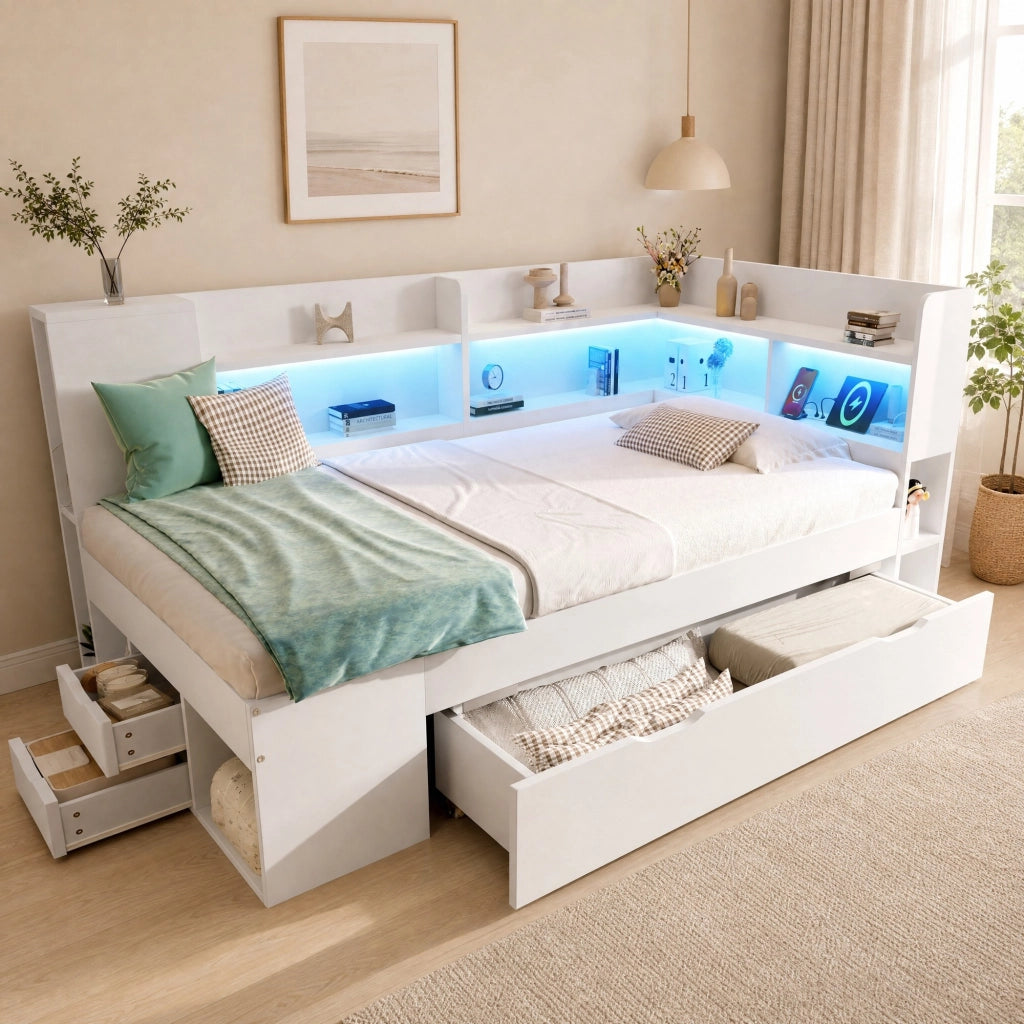 Letto singolo 90 × 200 cm con LED USB e Type-C in legno bianco con cassetti ripiani e rete a doghe