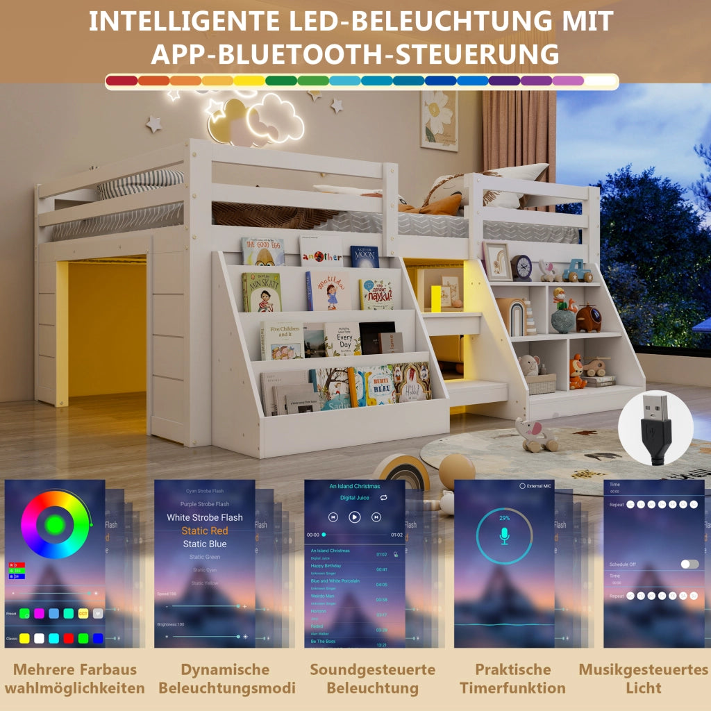 Letto a Soppalco 140x200 cm in legno di pino con LED; Ripiani; Sponde di Sicurezza Bianco
