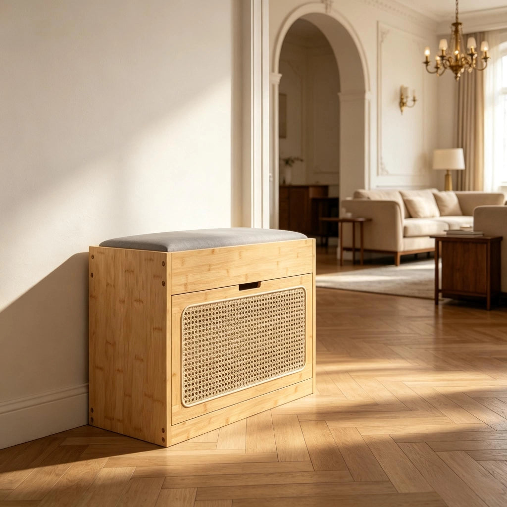 Panca da ingresso con scarpiera in bambù naturale anta in rattan PE cuscino e ripiani regolabili 48 × 63 × 29 cm