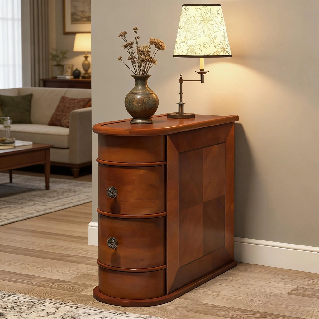 Tavolino da divano con 2 cassetti in legno color noce design ad arco rettangolare 60 × 27 × 60 cm