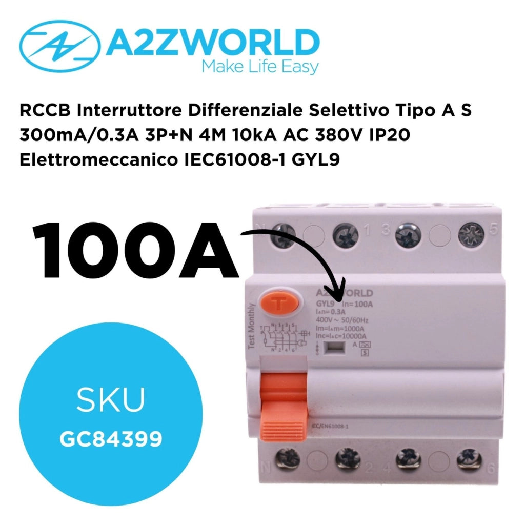 RCCB Interruttore Differenziale Selettivo Tipo A S 300mA/0.3A 3P+N 4M 10kA AC 400V IP20 Elettromeccanico IEC61008-1 GYL9, Corrente Disponibili 40A 63A 100A (100A)