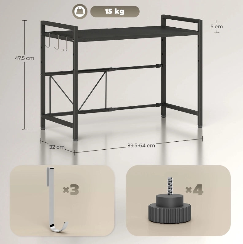Mensola Estensibile per Microonde in Metallo Nero con 3 Ganci, Supporto da Cucina 39,5-64 cm