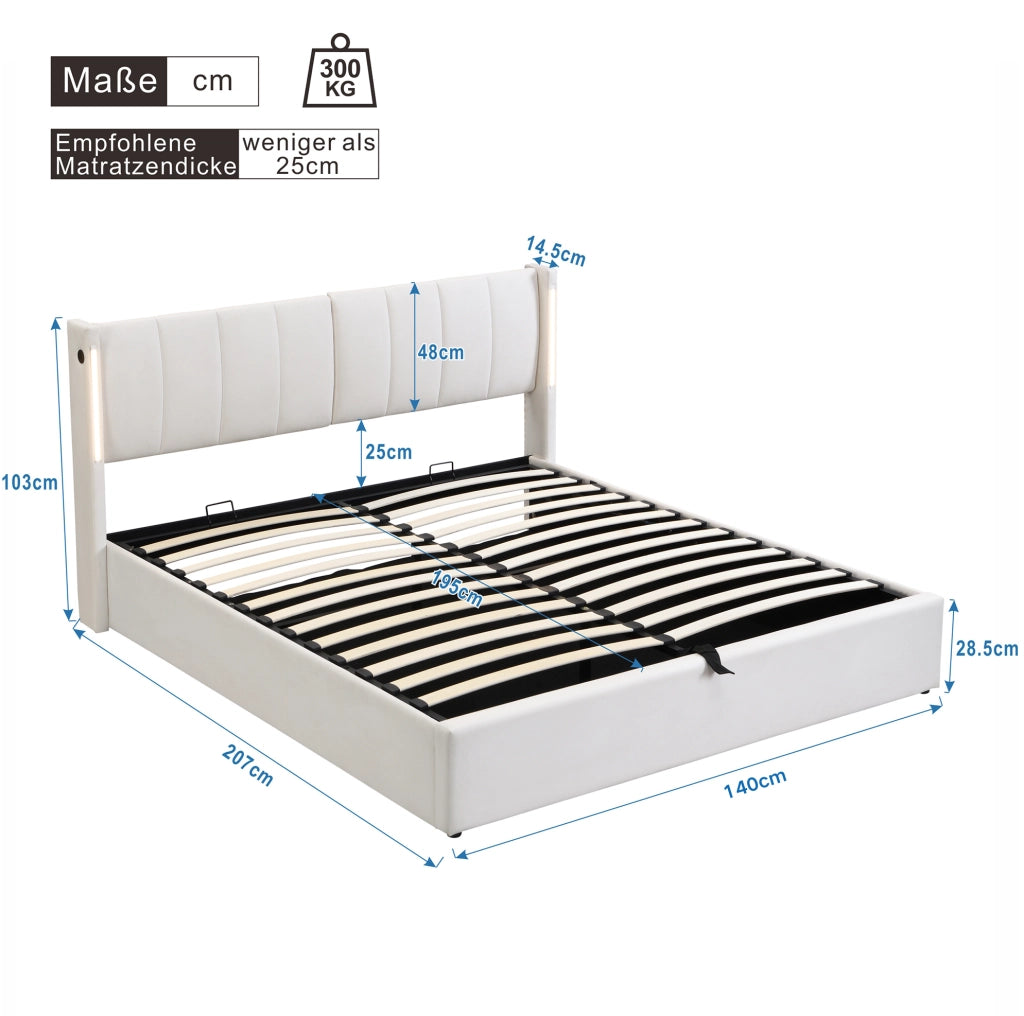 Letto matrimoniale con LED, USB e contenitore