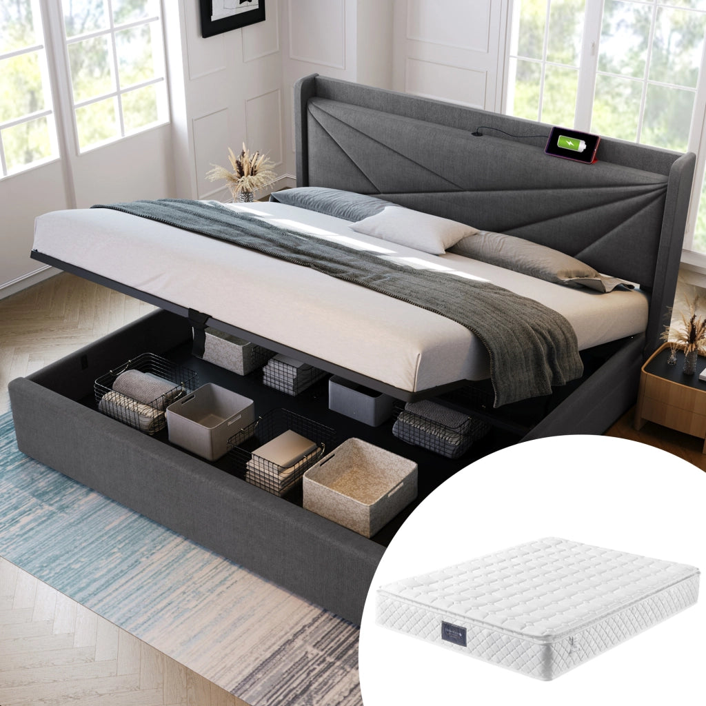 Letto contenitore 140 × 200 cm con testiera imbottita e porte USB e USB-C in cotone e lino grigio