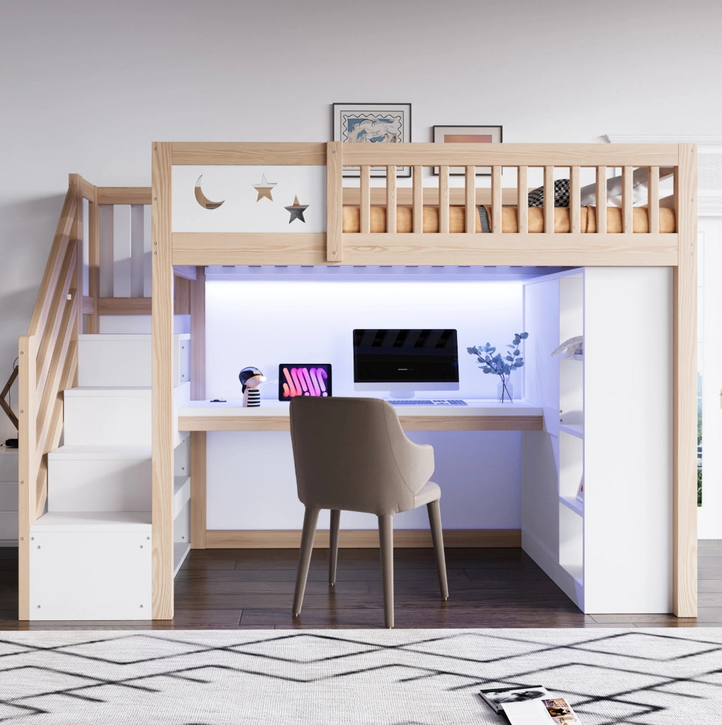 Letto a soppalco ULEVR 90x200 cm con scrivania, LED, prese, armadio aperto e scala contenitore