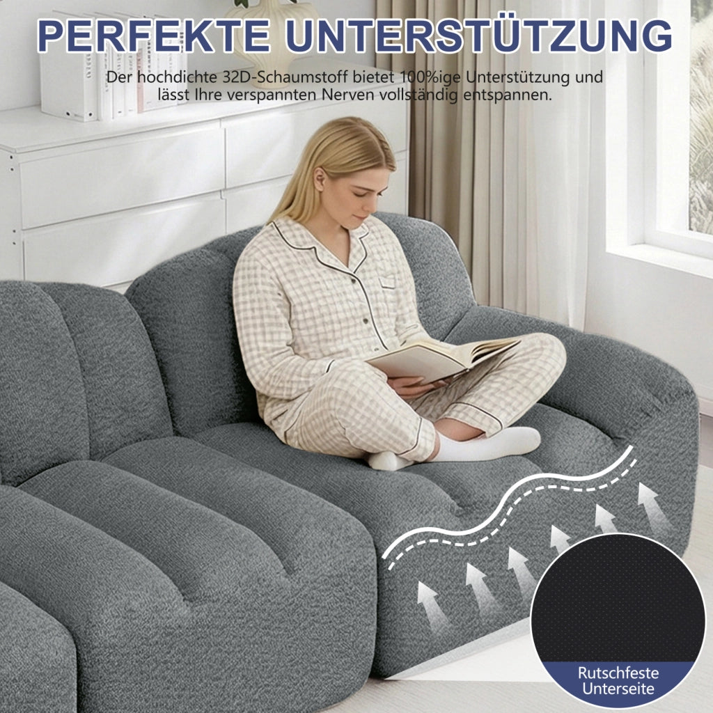 Divano modulare angolare a 3 posti con pouf, schiuma ad alta densità 32D, rivestimento in fleece granulato grigio