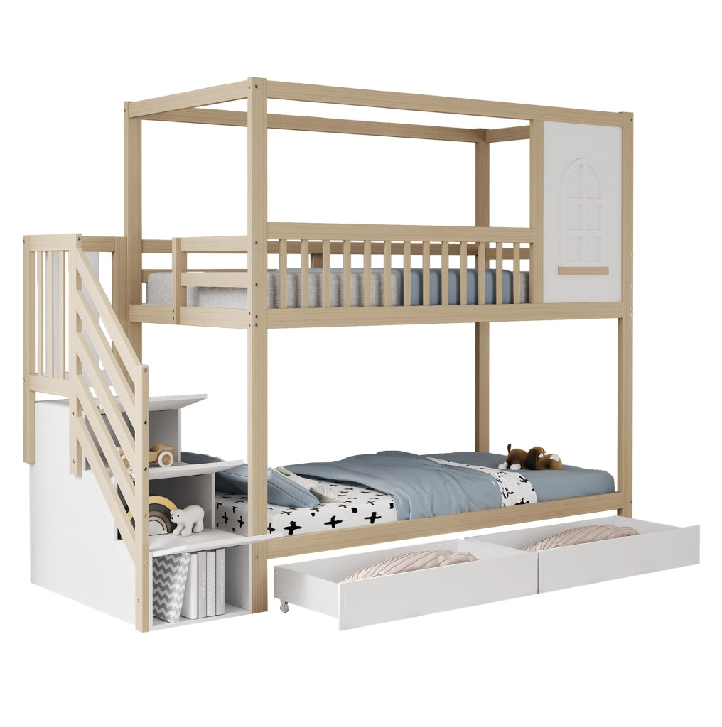 Letto a castello 90x200 cm legno naturale con cassetti e scala