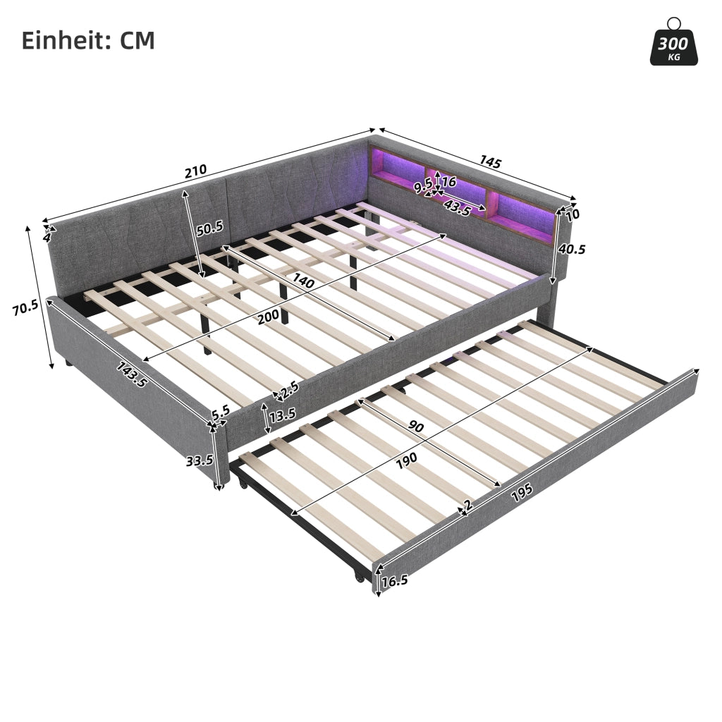 Letto 140x200 cm estraibile con LED, USB e USB-C in lino e MDF grigio