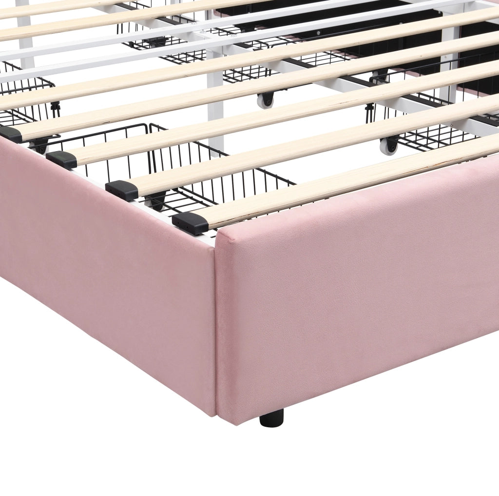 Letto imbottito ULEVR 140x200 cm rosa con 4 cassetti laterali, testiera con vano aperto e LED controllato tramite app