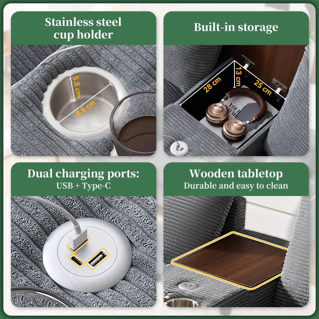 Divano angolare modulare 4 posti in velluto a coste grigio con pouf contenitore console USB e 2 portabevande