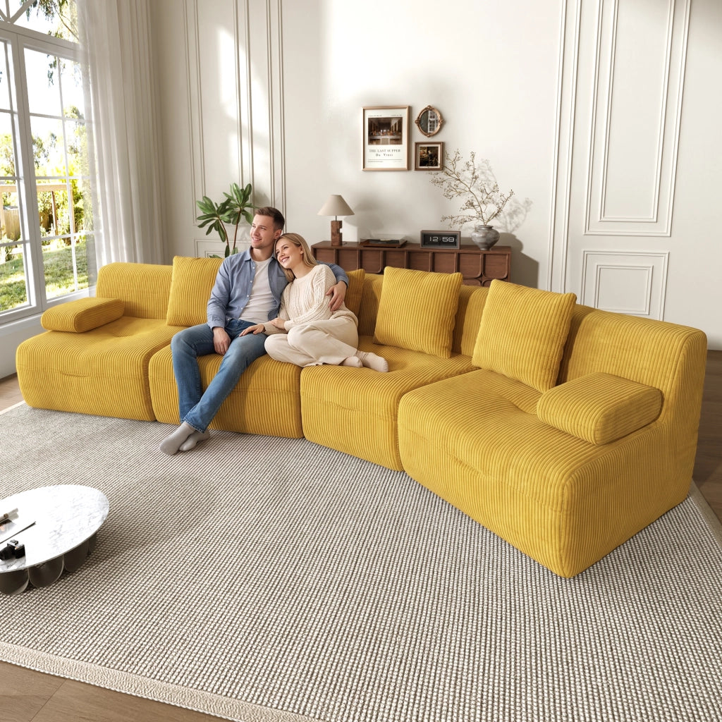 Divano modulare 4 sedili 311x90x65 cm; divano compresso senza montaggio con moduli liberi; velluto a coste; carico 400 kg; giallo brillante