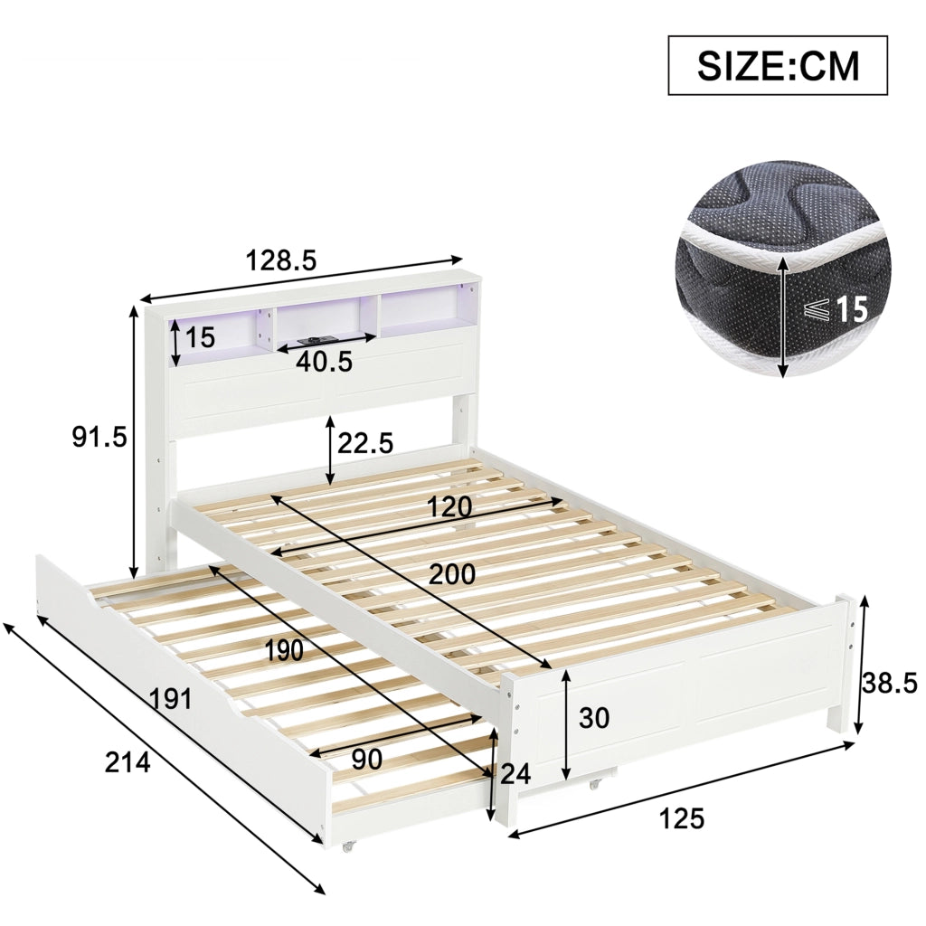 Letto matrimoniale con letto estraibile, testiera con presa di ricarica, luci LED e contenitore, bianco, 214x128,5x91,5 cm
