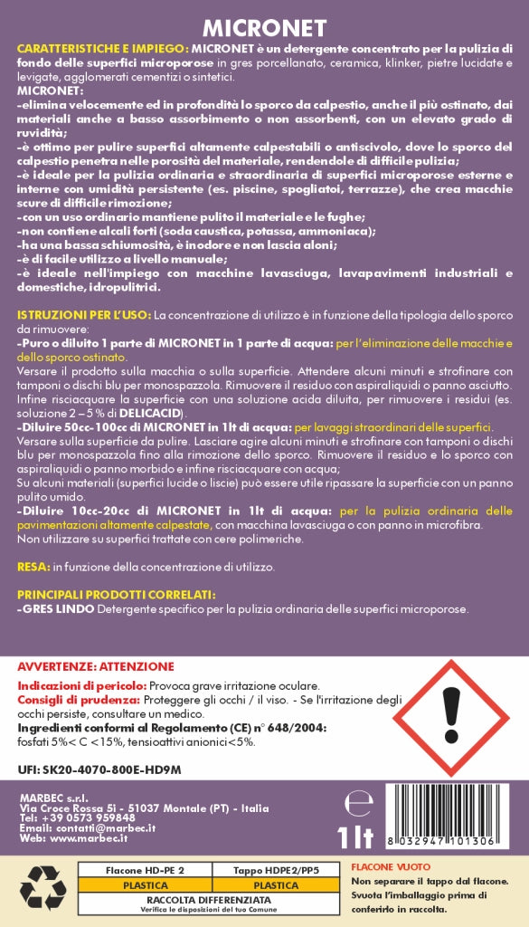 Detergente per gres porcellanato e pietre MICRONET   1LT + Tampone in Melamina
