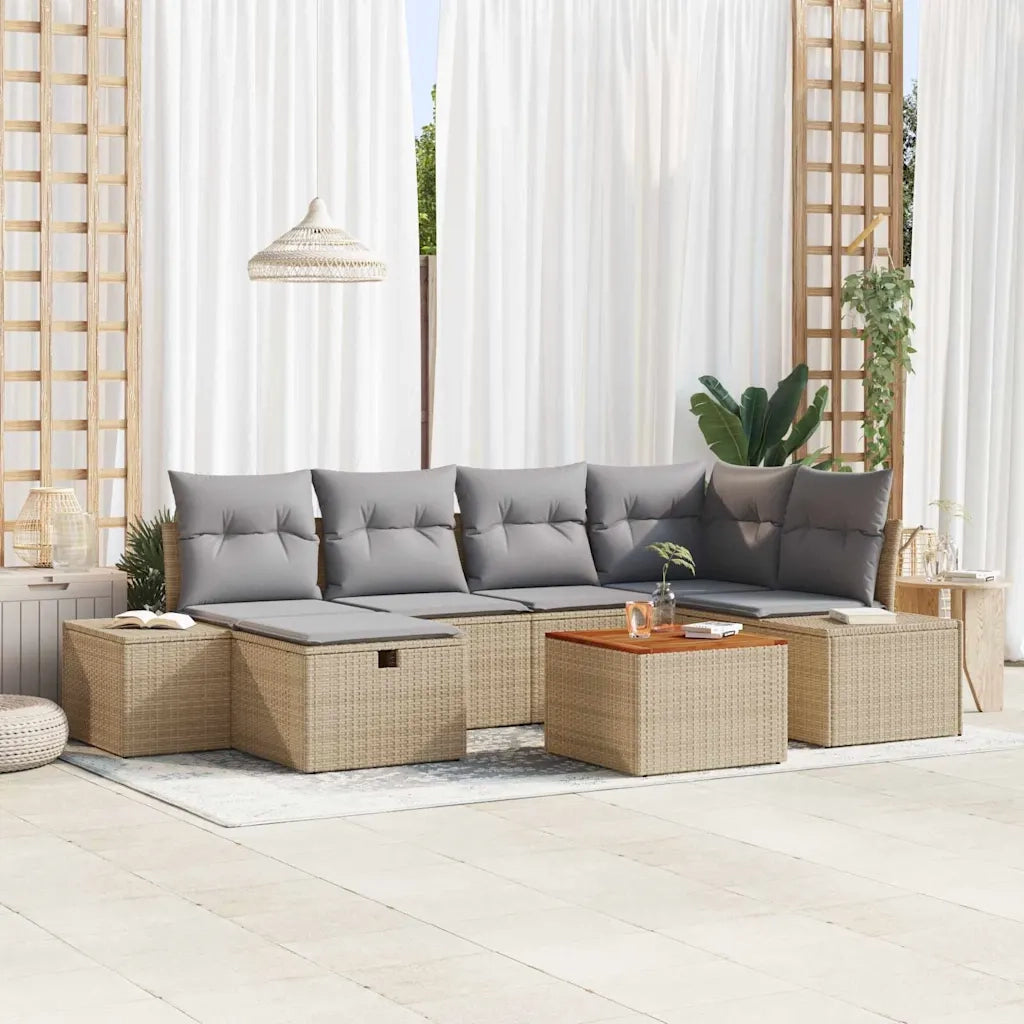 Set Divano da Giardino con cuscino 7 pcs Beige polyrattan