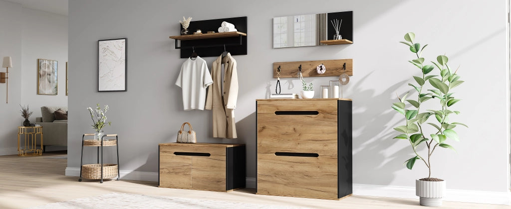 Set guardaroba con armadio, cassetto, specchio, 2 scarpiera, cappelliera e 4 ganci, scarpiera con panca, nero e legno, 156 x 36 x 176 cm