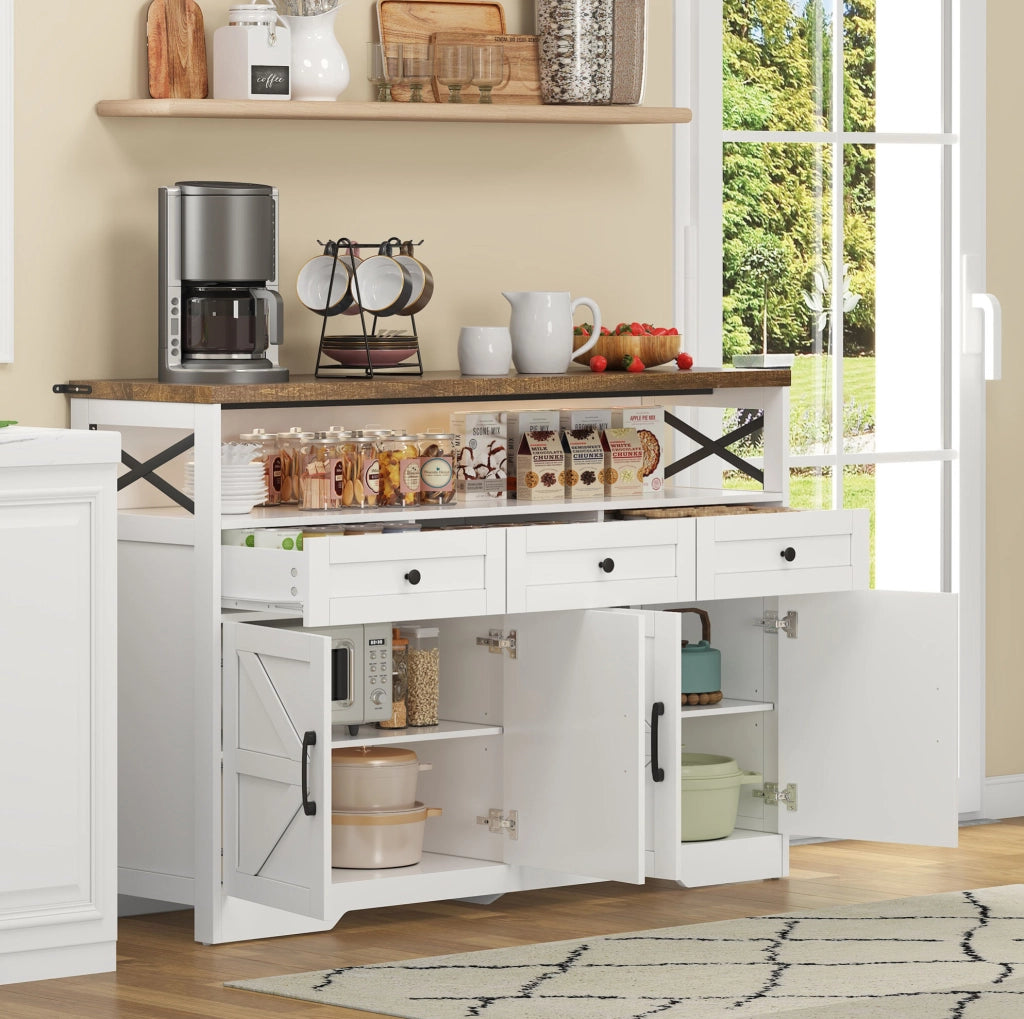 Buffet rustico 140 cm con 3 cassetti, ante con ripiani e vano aperto, mobile contenitore per cucina, soggiorno e ingresso bianco/marrone