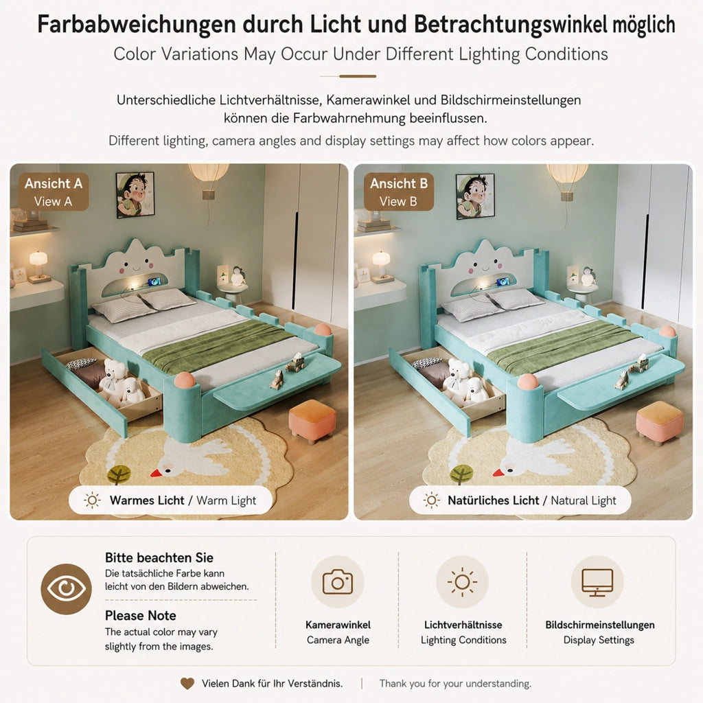 Letto per bambini imbottito 140 × 200 cm con lampada LED USB cassetto reversibile e ripiano pieghevole blu verde