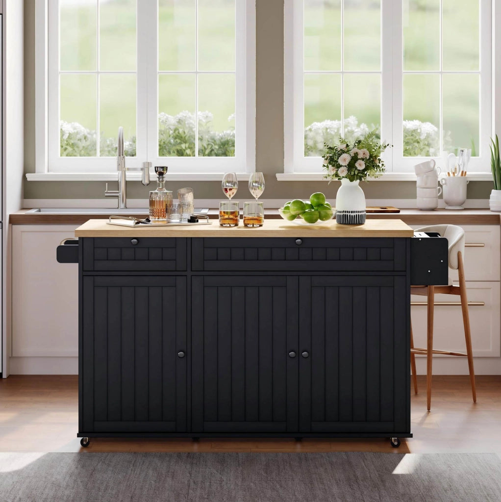 Isola da cucina mobile 137x70x89;5 cm con piano pieghevole in MDF nero e naturale