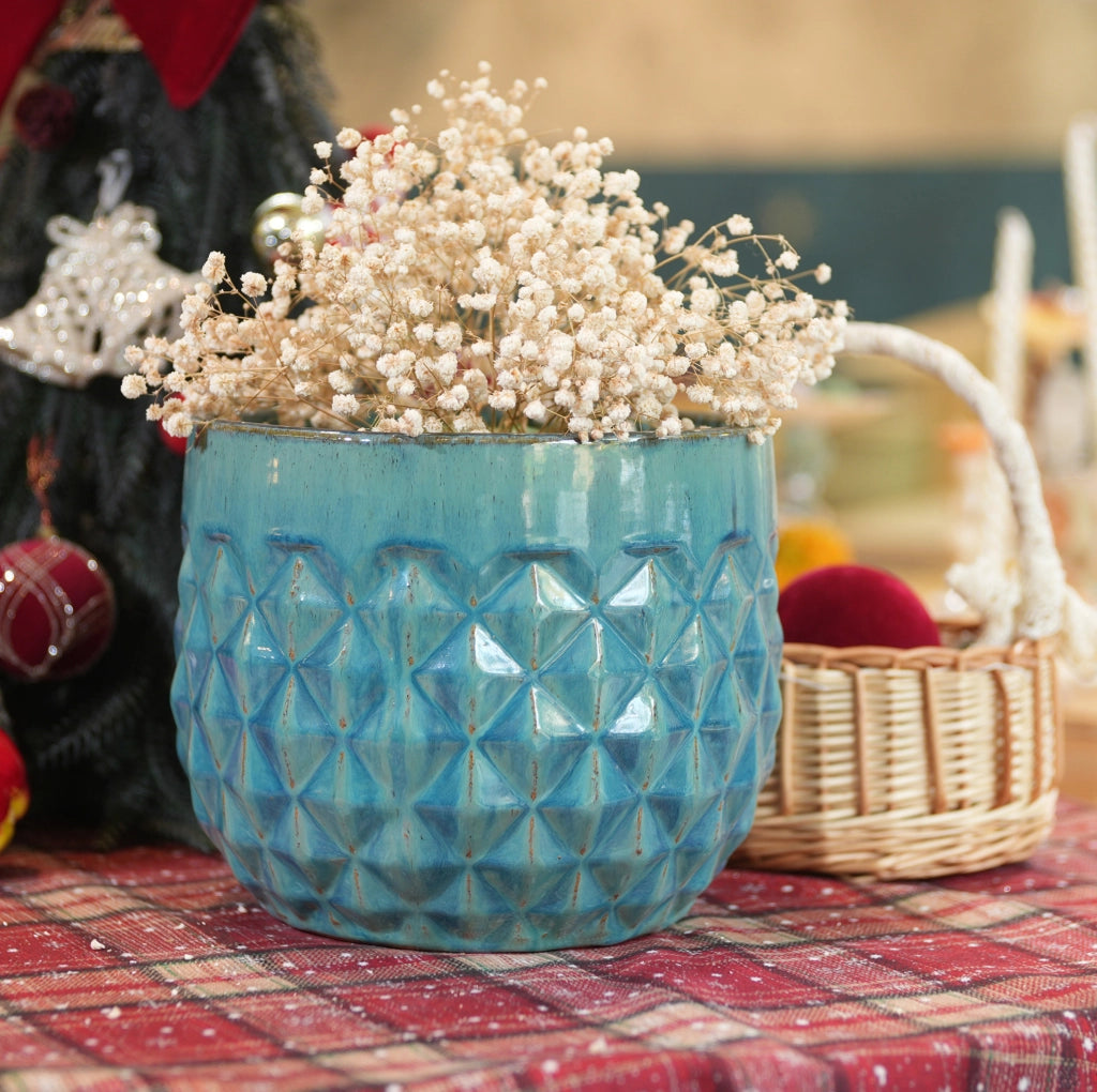 Set di 3 vasi in ceramica smaltata fatti a mano, diametri 36/29,5/21,5 cm, colore turchese con motivo a diamante, con fori di drenaggio, per interno ed esterno