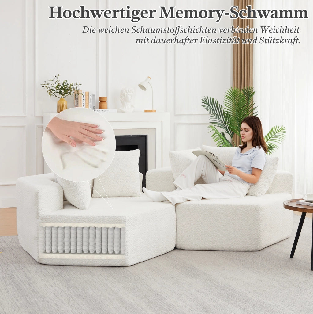 Poltrona lounge modulare esagonale in chenille beige con 3 cuscini