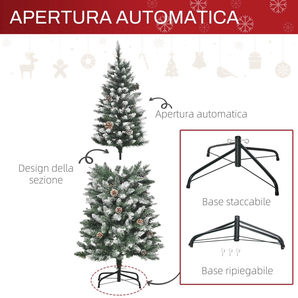 Albero di Natale Innevato 150 cm in Plastica e Metallo Verde e Bianco con 464 Rami e 28 Pigne Facile da Montare Robusto per Casa