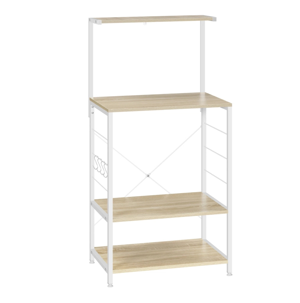 Scaffale da cucina a 4 ripiani con ganci, bianco e rovere